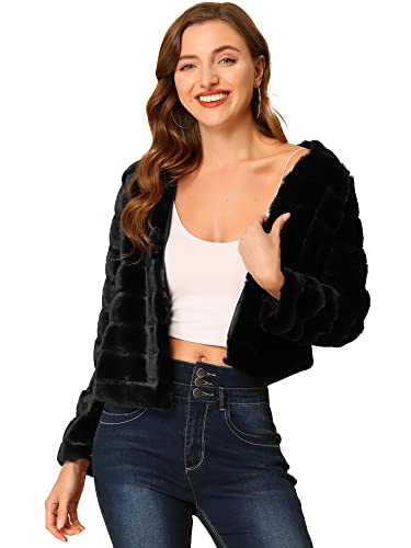 Hot Pink Fur Coat - Allegra K Womens Winter Warm Cropped Jacket Collarless Faux Fur Fluffy Coat Black