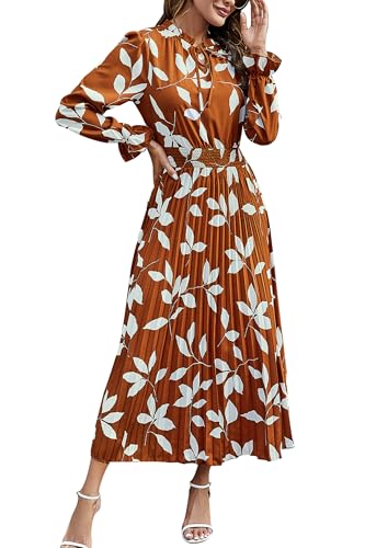 PRETTYGARDEN Womens 2024 Fall Midi Dress Casual Long Sleeve V Neck Swiss Dot Pleated A Line Flowy Dresses Brown Leaves