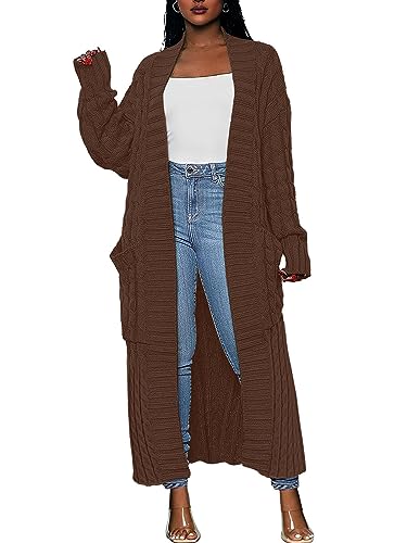 Yellow Cardigan - Caracilia Womens Long Cardigan Sweaters 2024 Fall Open Front Coat Long Sleeve Cable Knit Maxi Outerwear Trendy Jacket Clothes Brown