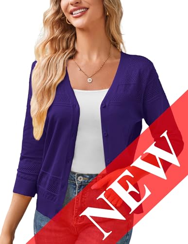 GRACE KARIN Womens 2024 Cropped Cardigan 34 Sleeve Lightweight Crochet Shrug HollowedOut Knit Sweater Tops Blue Purple