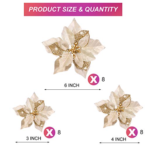 Boao 24 Pieces Christmas Artificial Glitter Poinsettia Flowers Xmas Flowers Wedding Christmas Tree New Year OrnamentsGold