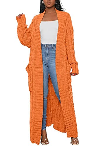 Long Sweaters for Women Cardigan Open Front Long Sleeve Plus Size Chunky Cable Knit Duster Cardigans with Pockets Winter Coat Orange