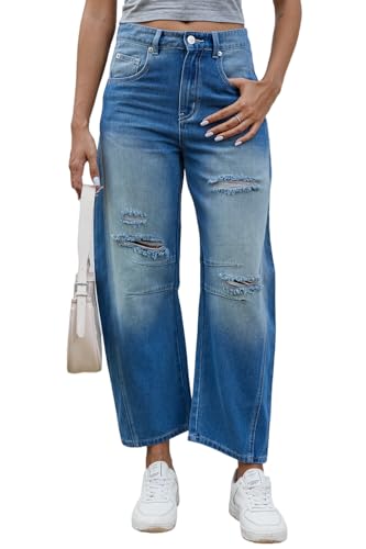 Rfm Jeans - Mid Rise Barrel Jeans for Women Wide Leg Mid Waist Cropped Denim Pants Y2k Baggy Boyfriend Jeans with Pockets Ripped Blue