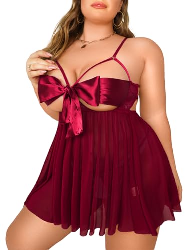 Valentine's Day - Kaei&Shi Unwrap Me Ribbon, Split Back, Flowy Gifts, 2PC Plus Size Lingerie