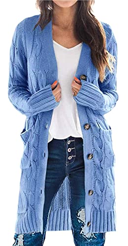 Yellow Cardigan - PRETTYGARDEN Long Sleeve Cable Knit Long Cardigan for Women 2024 Fall Winter Chunky Open Front Button Sweaters with Pockets Sky Blue