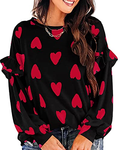 Heart Shirt - Ivay Womens Heart Printed Long Sleeve Tops Tee Shirts Z-black-red