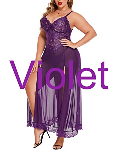 Valentine's Day - Plus Size Lingerie For Women Babydoll Sexy Mesh Maxi Nightdress Strappy Exotic Sleepwear Side Slits Violet