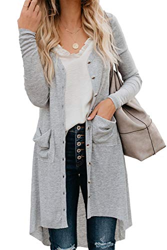 Alaster Queen Womens Open Front Cardigan Button Down High Low Hem Knitted Cardigan Outwear with Pockets Light Gray