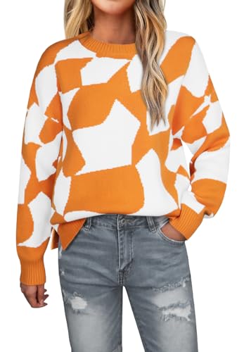 Orange and White Checkered Sweater - CCTOO Womens Checkered Oversized Sweater Crewneck Long Sleeve Fall 2024 Knit Pullover with Side Slits