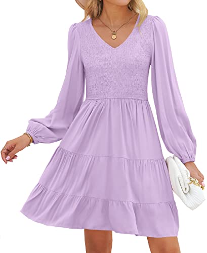 ZESICA Womens Casual V Neck Long Sleeve Smocked High Waist Ruffle A Line Tiered Mini Dress Purple