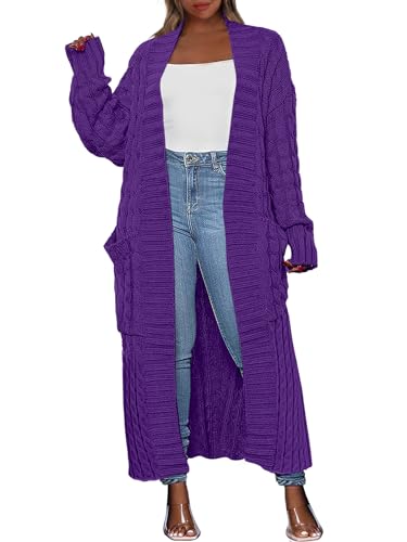 Yellow Cardigan - Caracilia Womens Long Cardigan Sweaters 2024 Fall Open Front Coat Long Sleeve Cable Knit Maxi Outerwear Trendy Jacket Clothes Purple