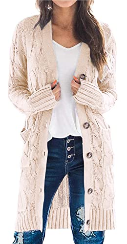 Yellow Cardigan - PRETTYGARDEN Long Sleeve Cable Knit Long Cardigan for Women 2024 Fall Winter Chunky Open Front Button Sweaters with Pockets Off-white