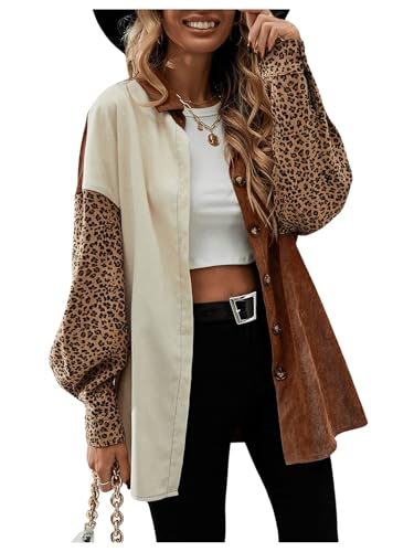 Leopard Print Denim Jacket - SHENHE Womens Corduroy Leopard Button Down Long Sleeve Shacket Jacket Outwear Coats