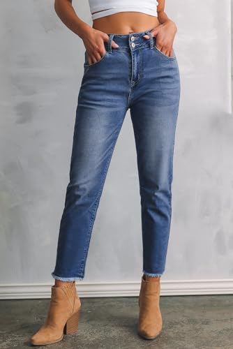 Rfm Jeans - Sidefeel Womens High Waisted Jeans Strechy Raw Hem Straight Leg Denim Pants with Pockets