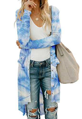 Alaster Queen Womens Open Front Cardigan Button Down High Low Hem Knitted Cardigan Outwear with Pockets Blue Tie Dye