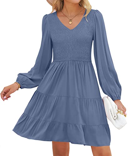 ZESICA Womens Casual V Neck Long Sleeve Smocked High Waist Ruffle A Line Tiered Mini Dress Dustyblue