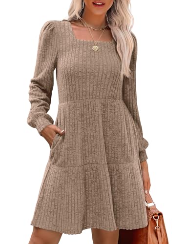 Christmas Green Dress - SAMPEEL Womens Square Neck Long Sleeve Fall Dresses Casual Babydoll Sweater Dress Khaki