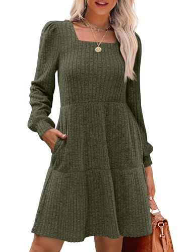 Christmas Green Dress - SAMPEEL Womens Square Neck Long Sleeve Fall Dresses Casual Babydoll Sweater Dress Pretty Arm Green