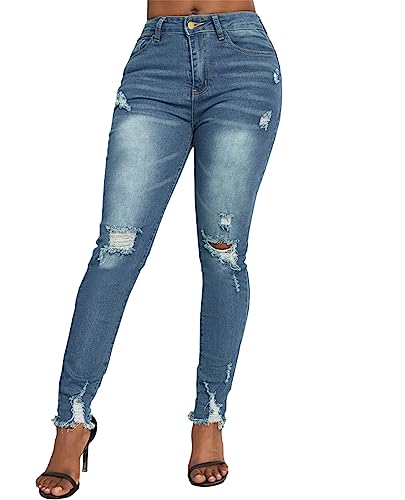 Rfm Jeans - SheKiss Boyfriend Stretchy Jeans for Women Distressed Frayed High Waisted Trendy Denim Blue Jeans Blue705