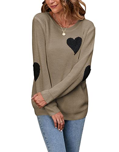 Heart Shirt - shermie Womens Cute Heart Pattern Elbow Patchwork Knitted Sweaters Long Sleeve Crew Neck Casual Pullover T-khaki