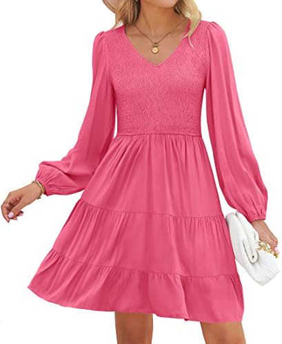 ZESICA Womens Casual V Neck Long Sleeve Smocked High Waist Ruffle A Line Tiered Mini Dress Hotpink