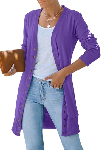 Yellow Cardigan - MEROKEETY Womens 2024 Fall Long Sleeve Snap Button Down Solid Color Knit Ribbed Neckline Cardigans Dark Purple