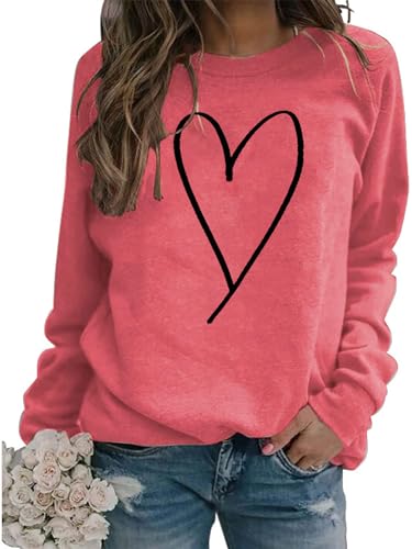 Heart Shirt - Valentines Day Crewneck Pullover Shirts Women Long Sleeve Love Heart Sweatshirts Graphic Lover Gift Mothers Day 02 Hot Pink Heart