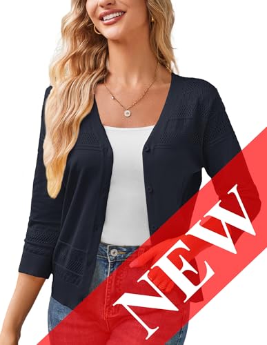 GRACE KARIN Womens 2024 Cropped Cardigan 34 Sleeve Lightweight Crochet Shrug HollowedOut Knit Sweater Tops Dark Blue