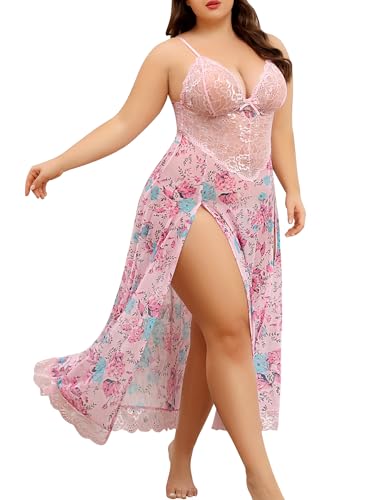 Valentine's Day - Plus Size Lingerie For Women Babydoll Sexy Mesh Maxi Nightdress Strappy Exotic Sleepwear Side Slits Floral Pink