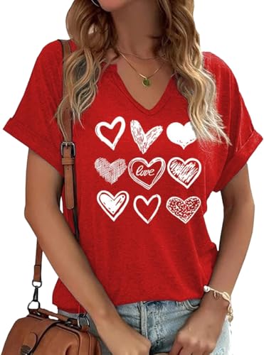 Heart Shirt - Earlymemb Womens Lover Heart Graphic V Neck Shirt Valentines Day Funny Couple Matching Casual Short Sleeve Gift Tee Tops A-red-9