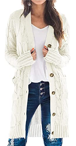 Yellow Cardigan - PRETTYGARDEN Long Sleeve Cable Knit Long Cardigan for Women 2024 Fall Winter Chunky Open Front Button Sweaters with Pockets White