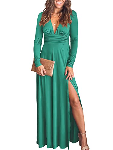 Christmas Party Dress - ANRABESS Women Deep V Neck Long Sleeve Slit 2024 Fall Elegant Formal Wedding Guest Cocktail Evening Date Prom Maxi Long Dress Z-blue Green