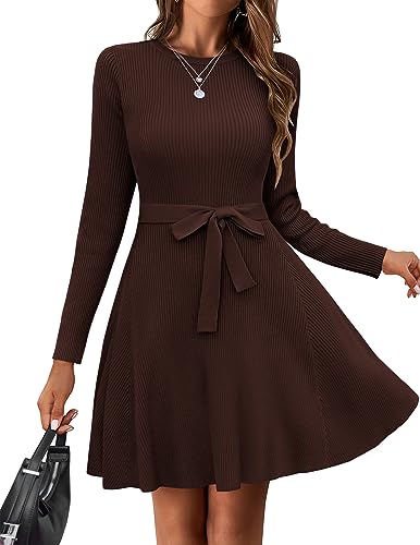 HOTOUCH Womens Fall Winter Casual Dress Crewneck Long Sleeve ALine Sweater Dress Bodycon Ribbed Knit Dress with Belt Brown