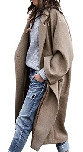 Blue Coat - CHARTOU Womens Oversized Notched Collar Wool Blend Single Breast Midi Long Trench Coat Khaki