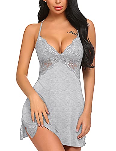 Avidlove Women Lingerie Lace Chemise Sleepwear Babydoll Teddy Lingerie Light Gray