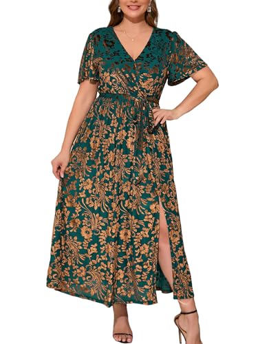 Christmas Green Dress - BerryGo Womens Velvet V Neck Wrap Semi Formal Dress Cocktail Party Maxi Dress for Wedding Guest Y-velvet Plus-floral Print-green(faux Wrap)