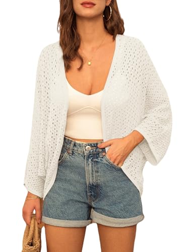 GRACE KARIN Open Front 34 Sleeve Batwing Cardigan for Women Lightweight Crochet Summer Cardigan HollowOut Cover Ups Ivory