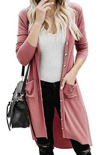 Alaster Queen Womens Open Front Cardigan Button Down High Low Hem Knitted Cardigan Outwear with Pockets Pink