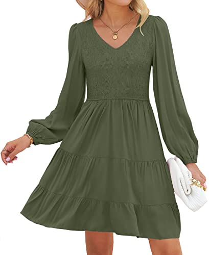 ZESICA Womens Casual V Neck Long Sleeve Smocked High Waist Ruffle A Line Tiered Mini Dress Armygreen