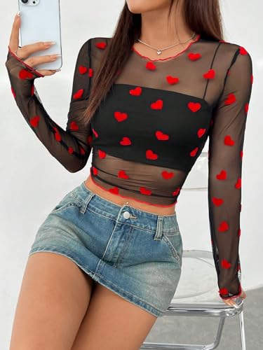 Heart Shirt - Floerns Womens Heart Print Sheer See Through Crewneck Long Sleeve Crop Tee Shirts