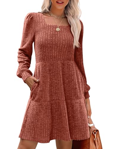 Christmas Green Dress - SAMPEEL Womens Square Neck Long Sleeve Fall Dresses Casual Babydoll Sweater Dress Caramel