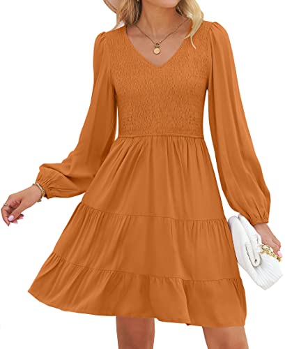 ZESICA Womens Casual V Neck Long Sleeve Smocked High Waist Ruffle A Line Tiered Mini Dress Caramel