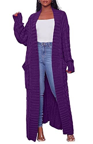 Long Sweaters for Women Cardigan Open Front Long Sleeve Plus Size Chunky Cable Knit Duster Cardigans with Pockets Winter Coat Purple