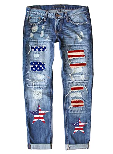 American Flag Pants - Astylish Womens Plaid Patch Ripped Boyfriend Distressed Stretch Skinny Denim Jeans with Hole