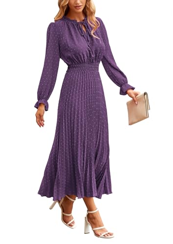 PRETTYGARDEN Womens 2024 Fall Midi Dress Casual Long Sleeve V Neck Swiss Dot Pleated A Line Flowy Dresses Dark Purple