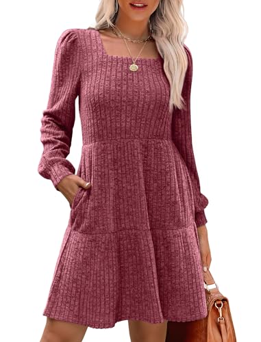 Christmas Green Dress - SAMPEEL Womens Square Neck Long Sleeve Fall Dresses Casual Babydoll Sweater Dress Hot Pink