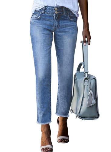 Rfm Jeans - Sidefeel Womens High Waisted Jeans Strechy Raw Hem Straight Leg Denim Pants with Pockets Mist Blue