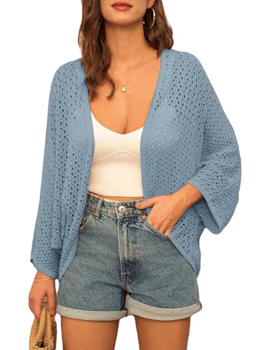 GRACE KARIN Open Front 34 Sleeve Batwing Cardigan for Women Lightweight Crochet Summer Cardigan HollowOut Cover Ups Blue-gray