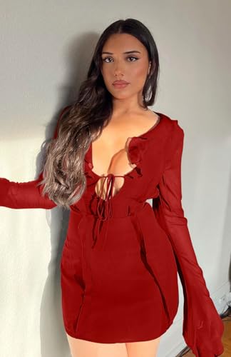 Mariah Carey Red Mini Dress - Women's Sexy Long Flare Sleeve Chiffon Ruffle Deep Tie V Neck Bodycon Mini Party Dress