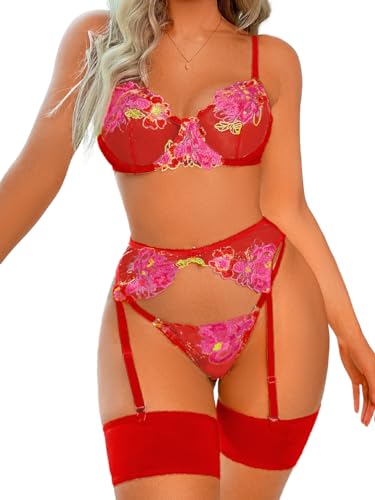 KaeiShi Floral Embroidered Underwire GString Garter Belt 4 Pieces Lingerie Red